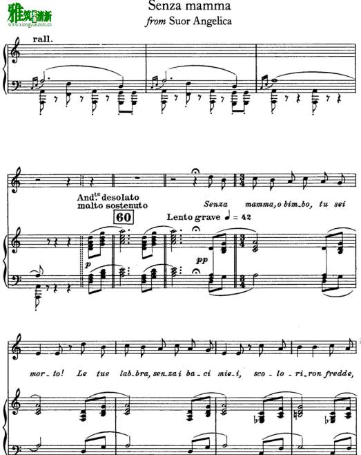 普契尼 歌剧修女安洁丽卡：没有妈妈 Suor Angelica：senza mamma钢琴伴奏谱