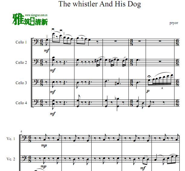 普赖尔 The Whistler And His Dog大提琴四重奏谱