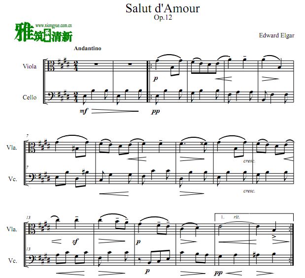 Salut d'amour 爱的礼赞弦乐二重奏谱 大提琴中提琴合奏谱