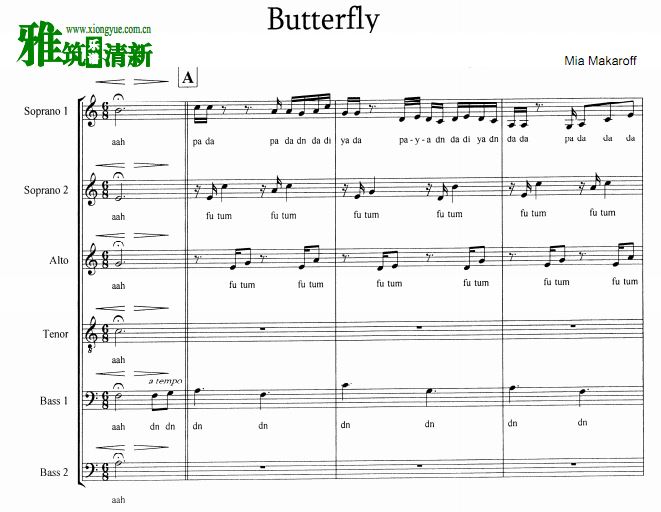 Butterfly六声部阿卡贝拉合唱谱 SSATBB