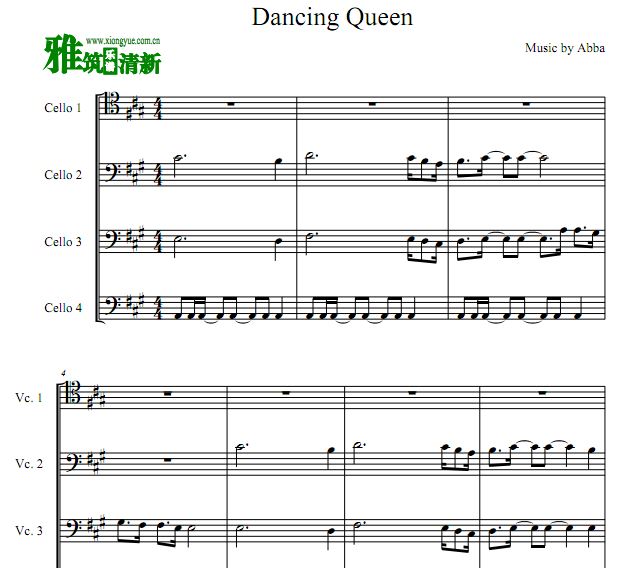Dancing Queen 妈妈咪呀大提琴四重奏谱