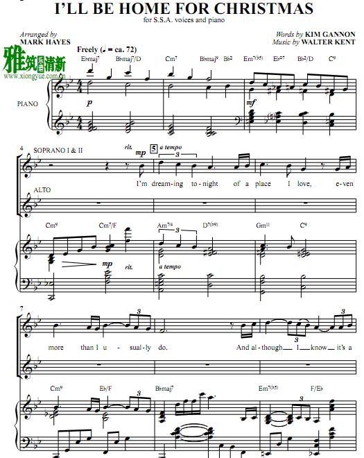 I'll Be Home for Christmas 女声三声部合唱钢琴伴奏谱