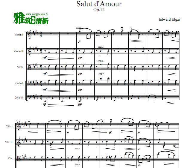 爱的礼赞 Salut d'amour 小提中提大提 弦乐五重奏谱