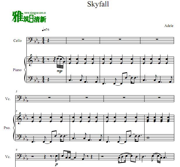 Skyfall大提琴钢琴合奏谱