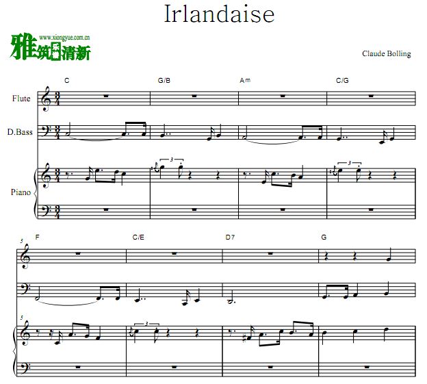 克劳·柏林 Irlandaise长笛低音提琴钢琴三重奏总谱