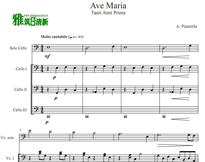 皮亚佐拉 Ave Maria大提琴四重奏谱