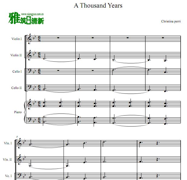 A Thousand Years 弦乐钢琴五重奏谱