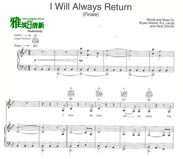 小马王 I Will Always Return (Finale)歌谱 伴奏钢琴谱