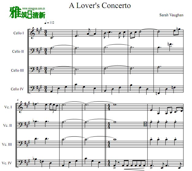 恋人协奏曲 A Lover's Concerto大提琴四重奏谱