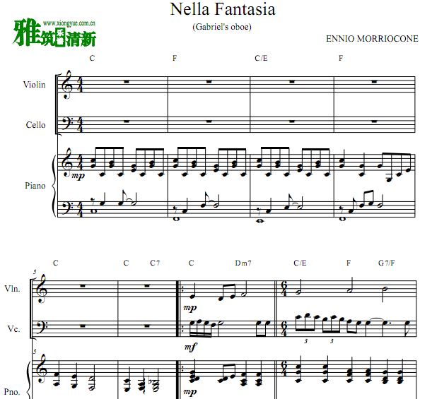 教会 - Nella Fantasia(Gabriel's oboe)C调钢琴三重奏谱