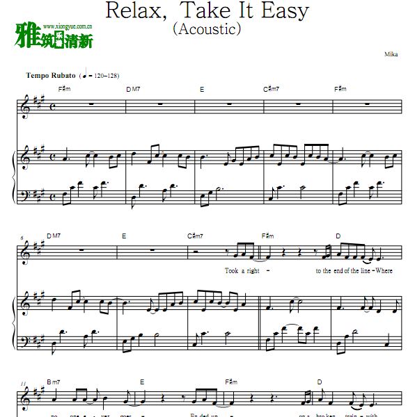 Mika - Relax, Take It Easy (Acoustic)歌谱 正谱 钢琴谱