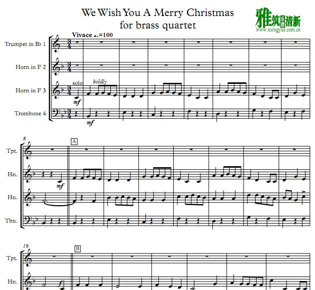 We Wish You a Merry Christmas铜管四重奏谱