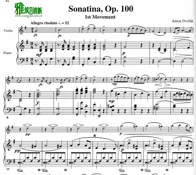 德沃夏克 Sonatina Op. 100 第一乐章 小提琴钢琴伴奏谱