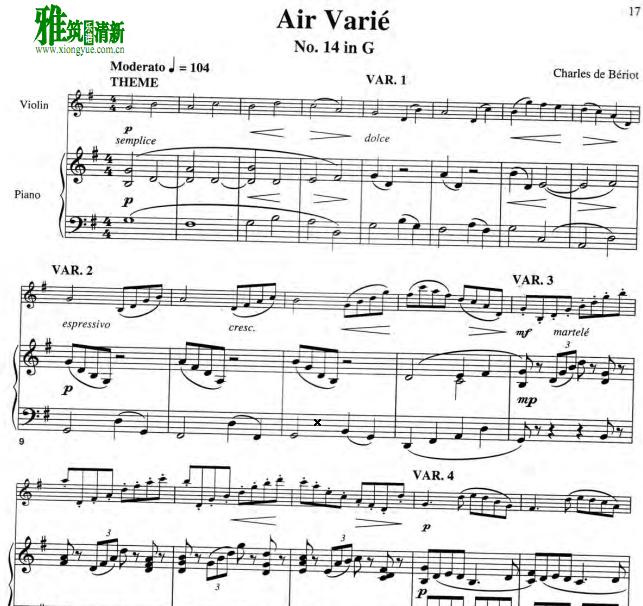 Charles de Beriot - Air Varie No. 14 in G小提琴钢琴伴奏谱
