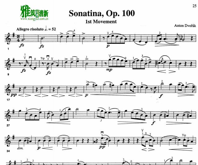 德沃夏克 Sonatina Op. 100 第一乐章 小提琴谱