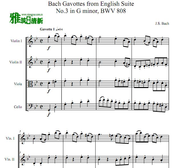 巴赫 Gavottes 加沃特舞曲 g小调第三英国组曲 BWV808 弦乐四重奏谱