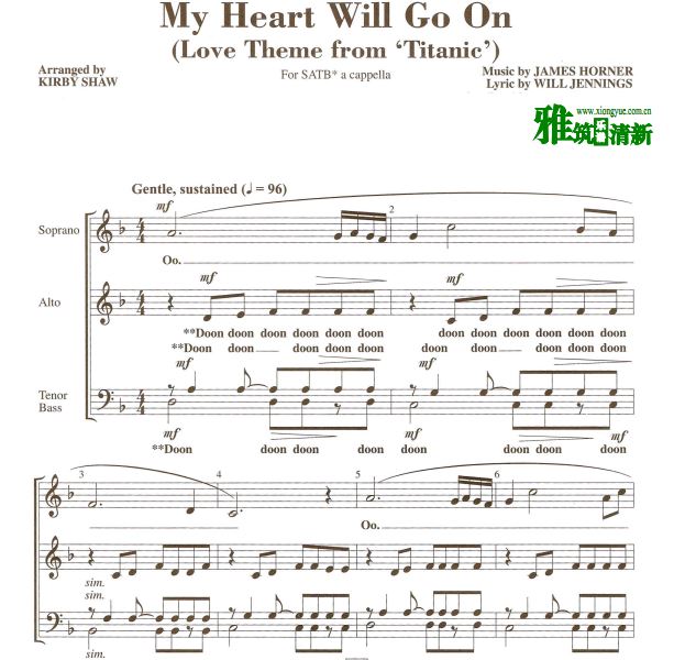 My Heart Will Go On 我心永恒四声部阿卡贝拉合唱谱