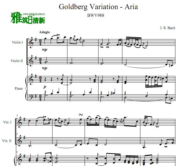 Goldberg Variation 哥德堡变奏曲 - Aria 小提琴二重奏钢琴伴奏谱