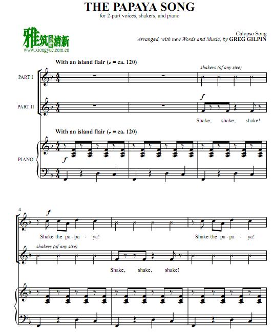 THE PAPAYA SONG 2声部合唱钢琴伴奏谱