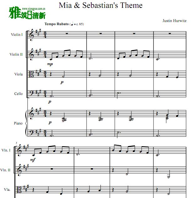 爱乐之城 Mia and Sebastian's Theme弦乐四重奏钢琴伴奏谱