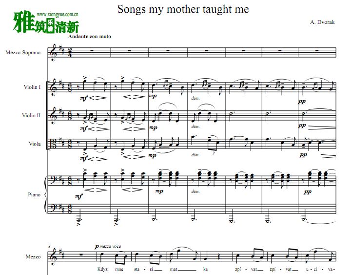 Songs my mother taught me 弦乐钢琴伴奏声乐谱 高音版