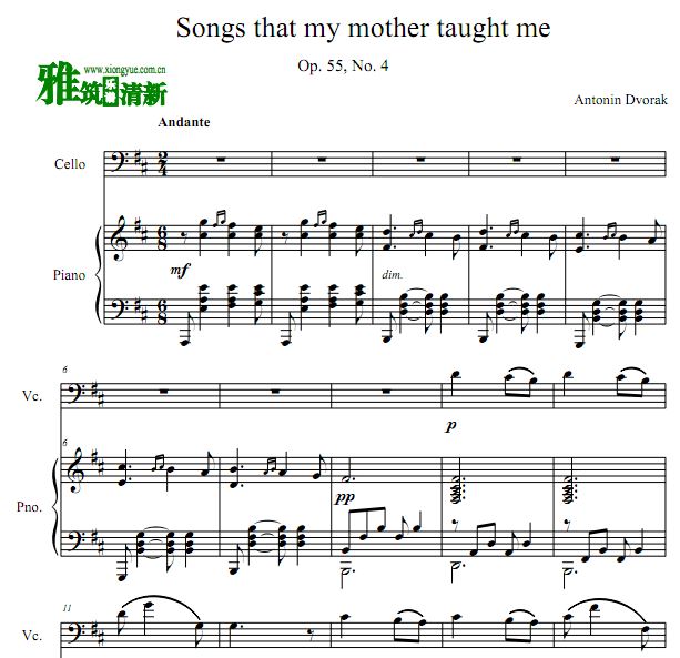 德沃夏克 Songs my mother taught me 大提琴钢琴伴奏谱