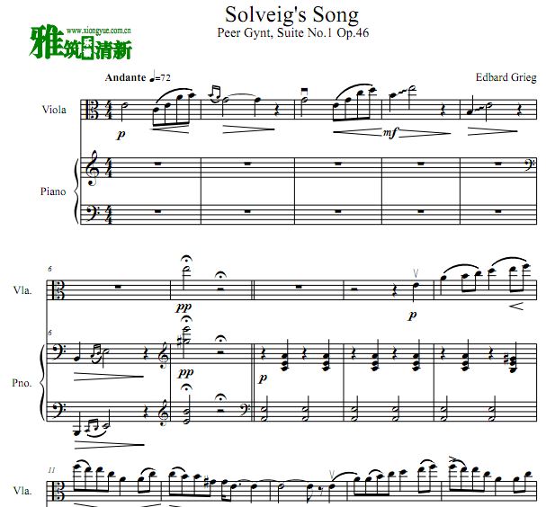 格里格 索尔维格之歌 Solveig's Song中提琴钢琴伴奏谱