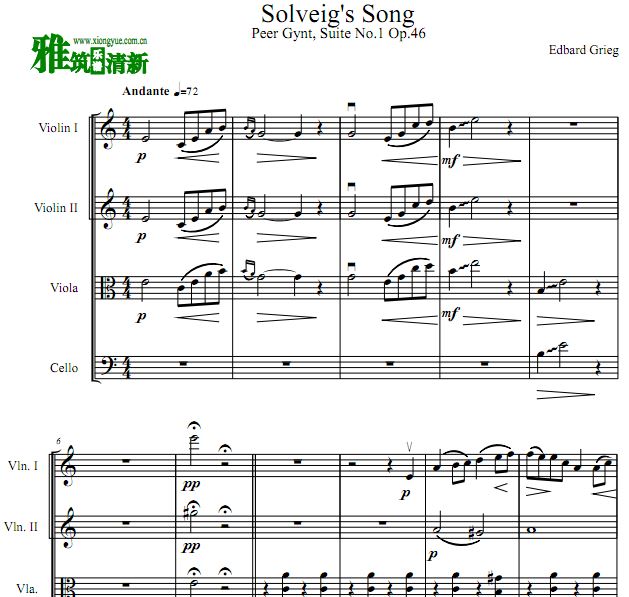 Peer Gynt - Solveig's Song弦乐四重奏谱