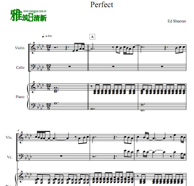 Ed Sheeran - Perfect 小提琴大提琴钢琴三重奏谱