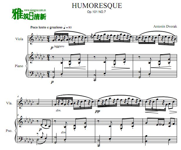 德沃夏克 幽默曲中提琴钢琴二重奏谱