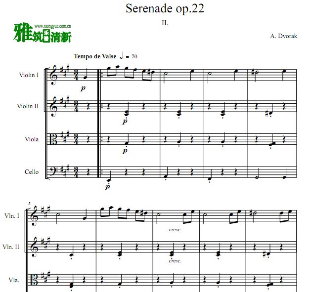 德沃夏克 E大调弦乐小夜曲 Op.22 第二乐章 弦乐四重奏谱