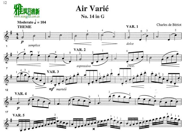 Charles de Beriot - Air Varie No. 14 in G小提琴谱