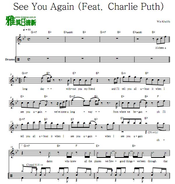 Wiz Khalifa & Charlie Puth - See You Again 鼓谱