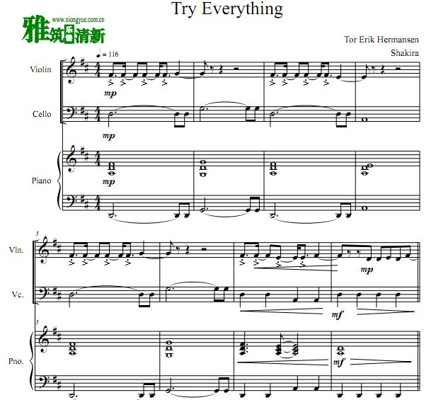 疯狂动物城 Try Everything 钢琴三重奏谱