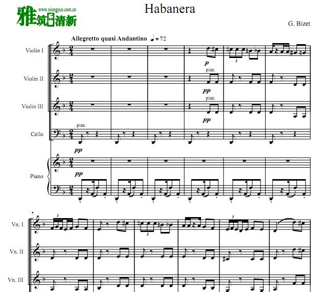 比才 - habanera 弦乐钢琴五重奏谱