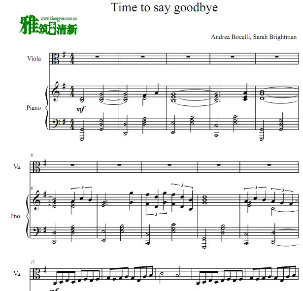 Time To Say Goodbye 中提琴钢琴合奏谱