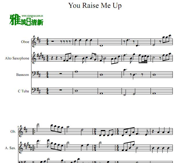 You Raise Me Up双簧管萨克斯巴松大号四重奏谱