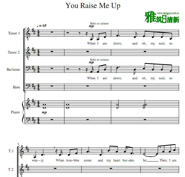 You Raise Me Up 四声部男声合唱谱