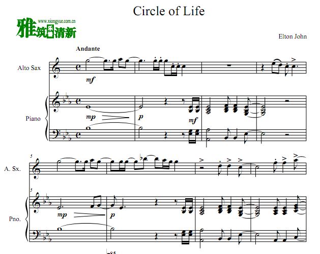Circle Of Life 中音萨克斯钢琴合奏谱