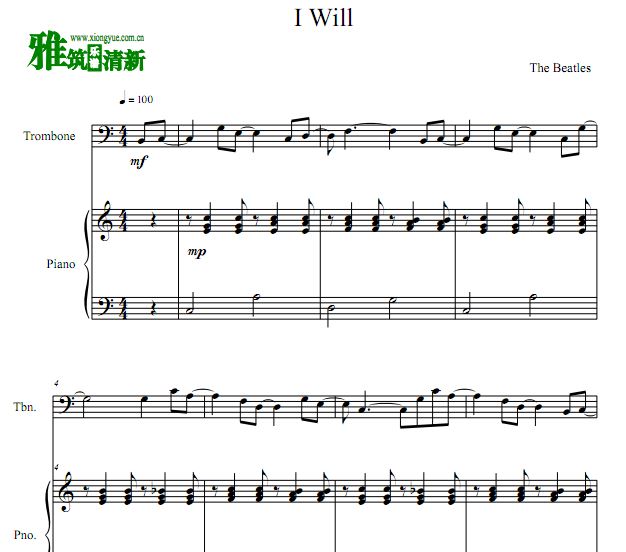 The Beatles 披头士 I Will 长号谱 钢琴伴奏谱谱