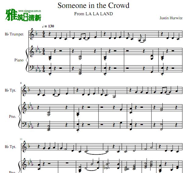 爱乐之城 Someone in the Crowd小号钢琴合奏谱