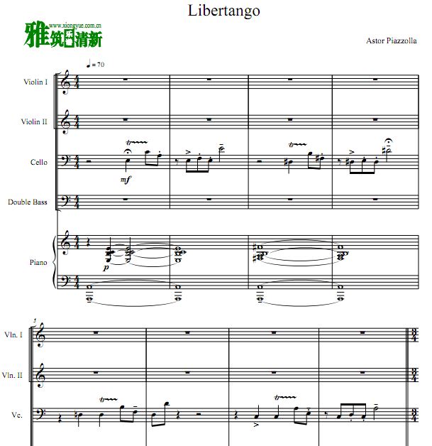 Libertango 小提大提低音提琴钢琴五重奏谱