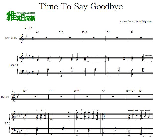 Time To Say Goodbye 降b萨克斯钢琴合奏谱