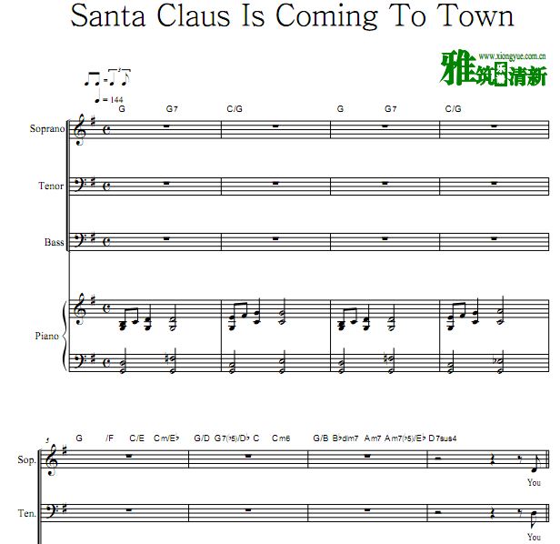 Santa Claus is Coming To Town 三声部合唱谱 钢伴谱