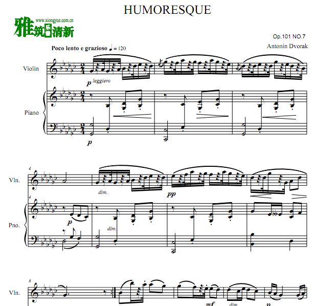 德沃夏克 幽默曲 Humoresque Op.101 NO.7 小提琴谱 钢伴谱 