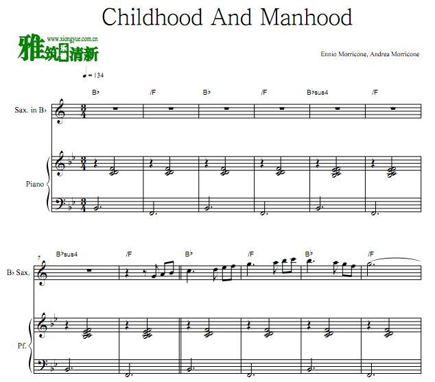 天堂电影院 Childhood And Manhood降B萨克斯钢琴伴奏谱