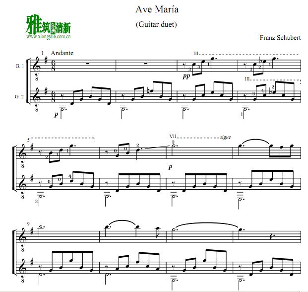 舒伯特AVE MARIA圣母颂 吉他二重奏谱