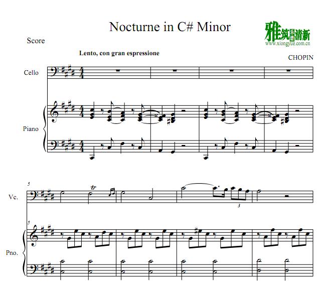 肖邦升C小调夜曲Nocturne大提琴钢琴谱