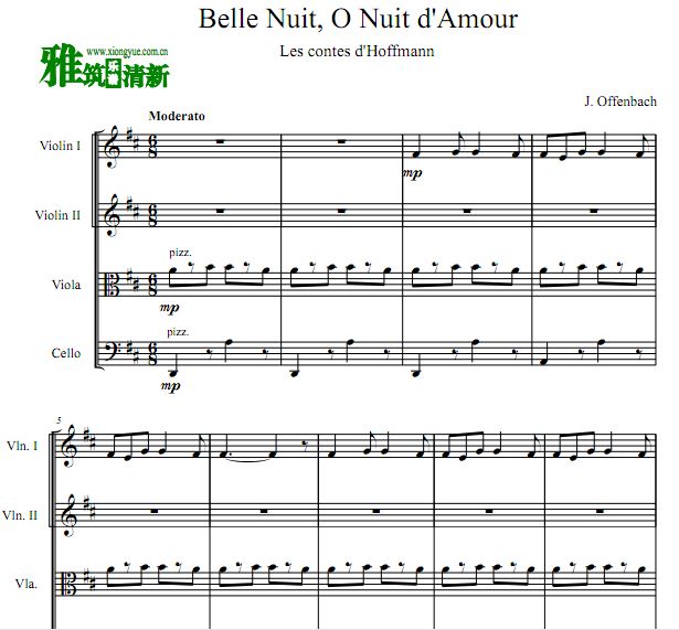 奥芬巴赫 Belle Nuit o nuit d'amour 船歌弦乐四重奏谱
