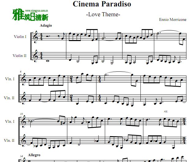 天堂电影Love Theme双小提琴合奏谱
